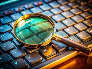 Poster - Close-up of Magnifying Glass on Computer Keyboard - Detail-Oriented Investigation Concept