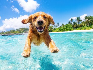 Wall Mural - a golden retriever dog jumping into the sea, leaping joyfully over the waves in a playful, energetic