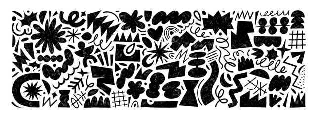 Leinwandbilder - Collection of funky crayon drawn doodles, geometric shapes, naive lines and primitive figures.