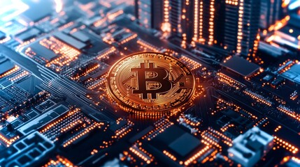 Poster - Smart city technology integration showcasing a bitcoin digital representation in a vibrant network