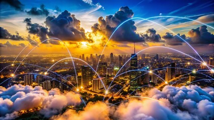 Poster - Cloud Computing Cityscape: Futuristic Urban Centers Interconnected within a Digital Cloud Network