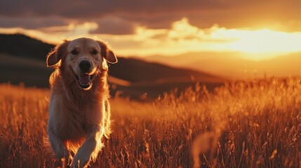 Wall Mural - golden retriever joyfully runs on a grassy field at sunset, chasing a tennis ball with enthusiasm an