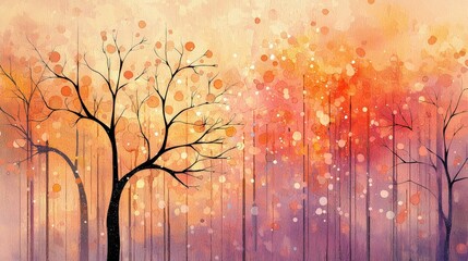 Poster - Vibrant Autumn Landscape with Bare Trees and Colorful Bokeh Effect in Soft Sunset Hues