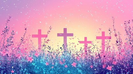 Poster - A flat  background featuring multiple crosses with floral patterns, set on a pastel gradient for Easter-themed projects.