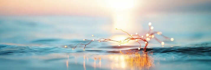Poster - Beautiful tranquil scene of sunlight reflecting on calm water with glowing branches in the foreground at sunrise