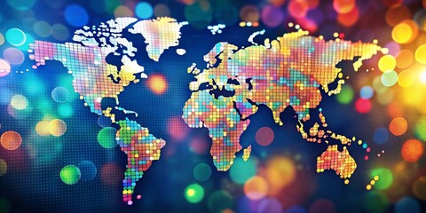 Poster - Colorful Dotted World Map with Bokeh Background - Global Connection Stock Photo