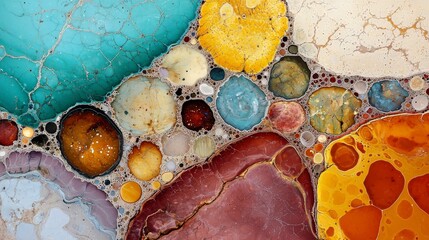 Poster - Vibrant Abstract Art with Colorful Circular Patterns and Textures in Shades of Blue, Yellow, Red, and Orange