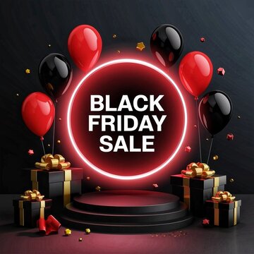 Black Friday sale with black podium and realistic gift box element and balloons and red circle frame and neon light effect and bokeh and gold ribbons on black background