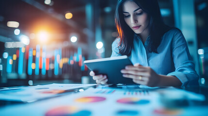 Poster - A focused businesswoman analyzes financial data on her tablet, surrounded by charts and reports in a modern office setting.  The scene is illuminated with a soft blue glow.