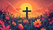 © Rinowz - A minimalist Easter banner with a flat  cross and elegant typography on a vibrant spring-themed background.
