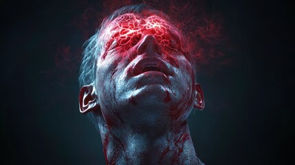 Poster - Disturbing artwork of a man with glowing red energy emanating from his head in a dark setting. Generative AI