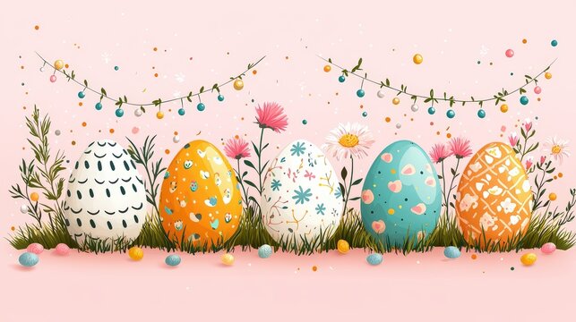 A modern flat  of Easter eggs in vibrant patterns, displayed alongside spring flowers and decorative garlands.