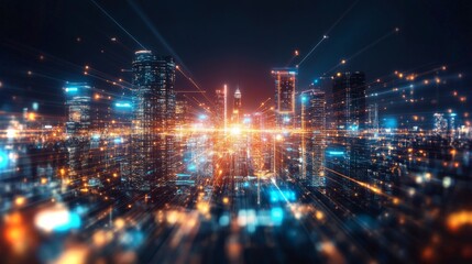Poster - City showcasing advanced decentralized energy grids at night with vibrant lights