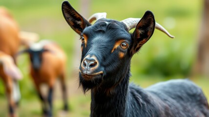 Wall Mural - Goat standing in a grassy field with other goats grazing nearby under a sunny sky in a rural area