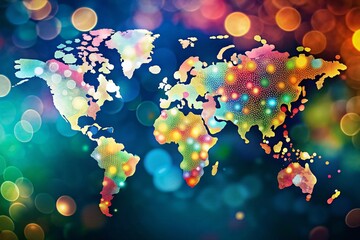 Poster - Colorful World Map Dots Bokeh Background - Abstract Global Network