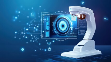 Poster - Eyesight analysis using advanced computer technology, showcased in a  illustration of a modern clinic.