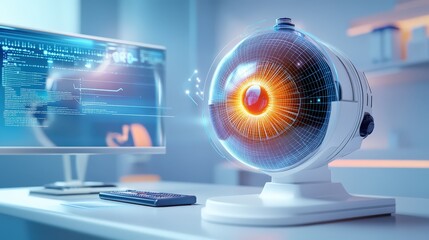 Poster - Eyesight analysis using advanced computer technology, showcased in a  illustration of a modern clinic.