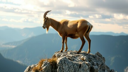 Wall Mural - Mountain goat stands majestically on rocky peak against scenic mountainous backdrop during golden hour