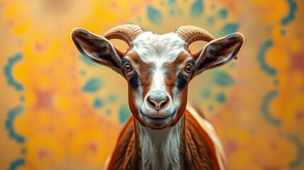 Wall Mural - Goat with intricate background design showcasing vibrant colors and artistic patterns in a warm setting