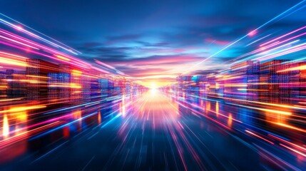 Poster - Futuristic trade corridor illuminated by vibrant lights showcasing advanced technology at sunset