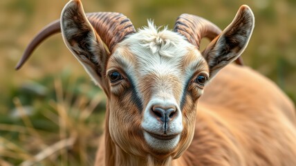 Wall Mural - Goat with distinctive horns stands calmly in a green meadow during daylight hours