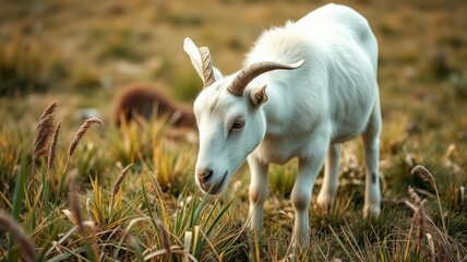 Wall Mural - White goat grazes peacefully on a grassy meadow during golden hour in a tranquil rural setting