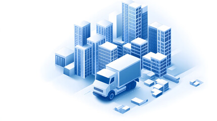 Poster - A digital illustration featuring a delivery truck navigating a stylized cityscape with towering buildings and minimalistic design