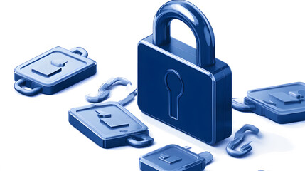 Poster - A blue padlock surrounded by several smaller locks, symbolizing security and protection in a digital or physical context