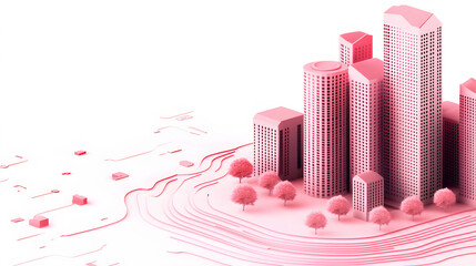 Fototapete - A stylized pink cityscape featuring modern buildings and trees, showcasing a creative and minimalist architectural design