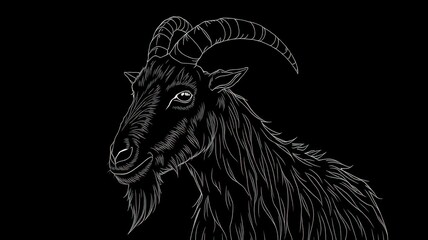 Wall Mural - Detailed illustration of a goat's head with prominent horns and textured fur against a black background