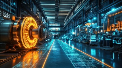 Poster - a factory floor with machines powered by visible high-voltage circuits, highlighting industrial ener