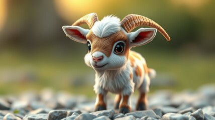 Wall Mural - Cute animated baby goat stands on rocky ground with a soft sunset background creating a warm atmosphere