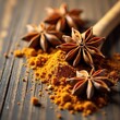 © AiGallery - Warm star anise spice scattered on a wooden background, grainy, brown