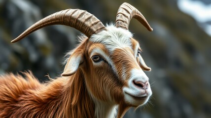 Wall Mural - Goat with distinctive horns looks curiously at the camera in a mountainous landscape during the daytime