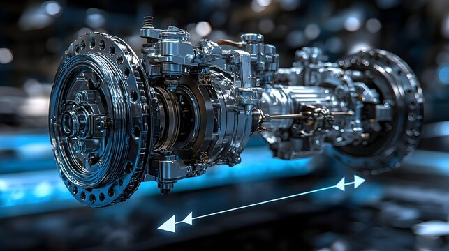 A detailed line art of a car’s brake system with arrows showing movement.