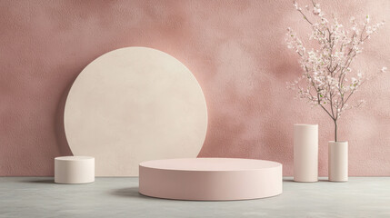Poster - Minimalist 3D Platform for Product Presentation with Floral Touch and Soft Colors