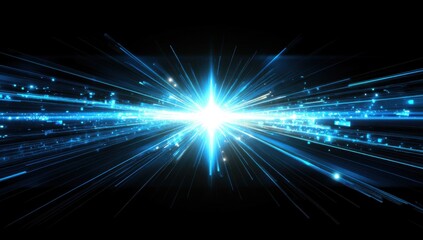 Aufkleber - Abstract background of blue light rays with glowing laser beam and lens flare on black background. Dynamic energy explosion. Vector illustration for design, futuristic technology or science concept.