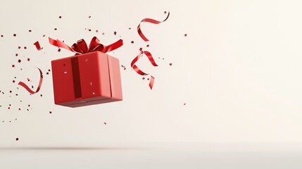 Poster - Red gift box floating in the air with red ribbons and confetti on a white background. Creating a festive and celebratory atmosphere. Perfect for representing holidays. Birthdays. Or special occasions