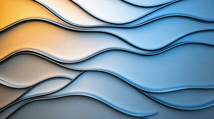 Poster - Abstract Flowing Metal Waves in Soft Blue and Orange Tones for Artistic Backgrounds