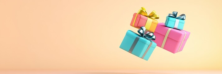 Poster - Light blue, pink and orange gift boxes with ribbons are levitating on a pastel background, creating a festive and joyful atmosphere perfect for celebrations and special occasions
