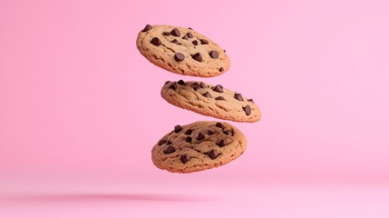 Poster - Three mouthwatering chocolate chip cookies levitating against a vibrant pink backdrop, creating a visually striking and tempting scene that entices sweet cravings and indulgence