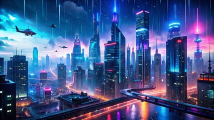 Poster - Cyberpunk Cityscape Double Exposure: Futuristic Night Skyline and Glowing Neon Reflections