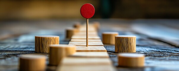Poster - Wooden blocks arranged in a path, pointing towards a target, representing business growth, achievement, and a clear customerfocused strategy