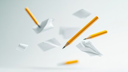 Poster - Classic yellow pencils and white paper airplanes are levitating on a clean white background, creating a dynamic and playful scene with a sense of weightlessness and motion