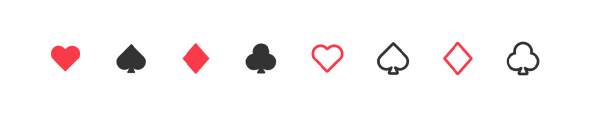 Wall Mural - playing cards spade, club, diamond, suit simple icon set. line, black and red casino sign and poker 