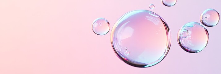 Poster - Multiple iridescent soap bubbles of varying sizes are levitating against a soft gradient backdrop, creating a dreamy and ethereal atmosphere