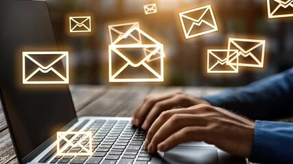 Poster - A person types on a laptop in a serene outdoor setting, surrounded by glowing email icons symbolizing communication