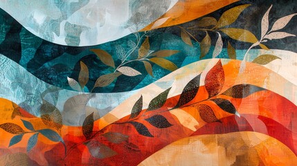 Poster - Energetic Abstract Blend of Colorful Lines and Shapes with Leaf Patterns