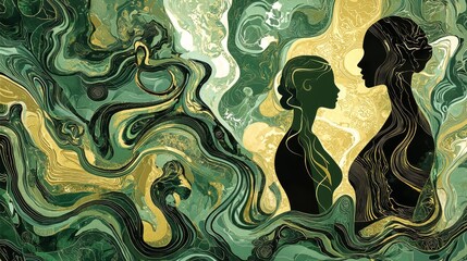Poster - Captivating Abstract Design Featuring Elegant Swirling Figures in Green and Gold Tones