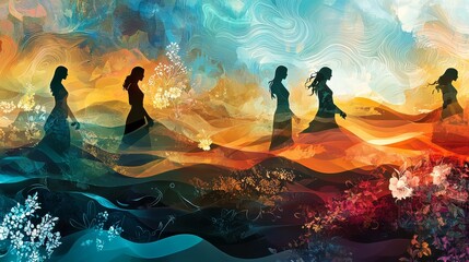 Poster - Dreamy Abstract Landscape with Waves and Silhouettes in Warm Color Palette